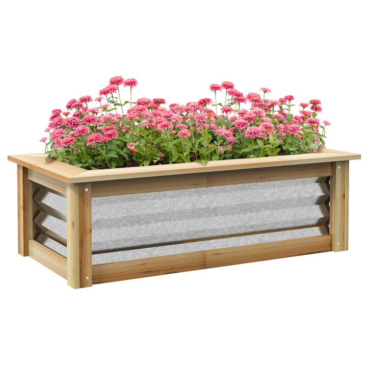 Outsunny Raised Garden Bed Kit, Outdoor Planter Box, Galvanized Metal Reinforced with Wood, Stock Tank for Growing Flowers, Herbs and Vegetables