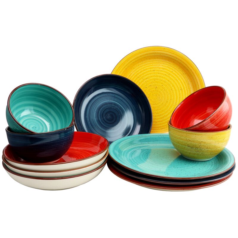Gibson Color Speckle 12 Piece Mix and Match Double Bowl Dinnerware Set in 4 Assorted Colors