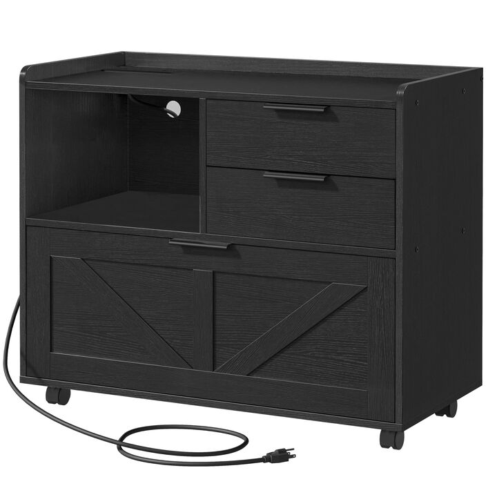 Lateral File Cabinet Wooden with Charging Station, Home Office Storage Unit