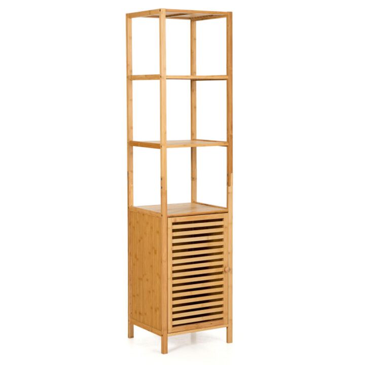 Hivvago 4 Tiers Slim Bamboo Floor Storage Cabinet with Shutter Door and Anti-Toppling Device-Natural