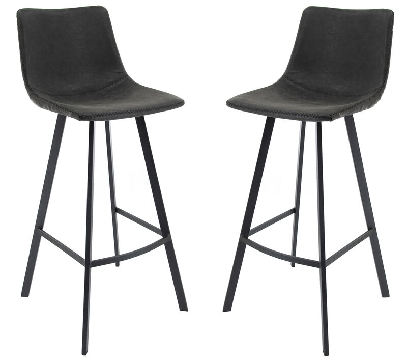 LeisureMod Elland Modern Upholstered Leather Bar Stool With Iron Legs & Footrest Set of 2