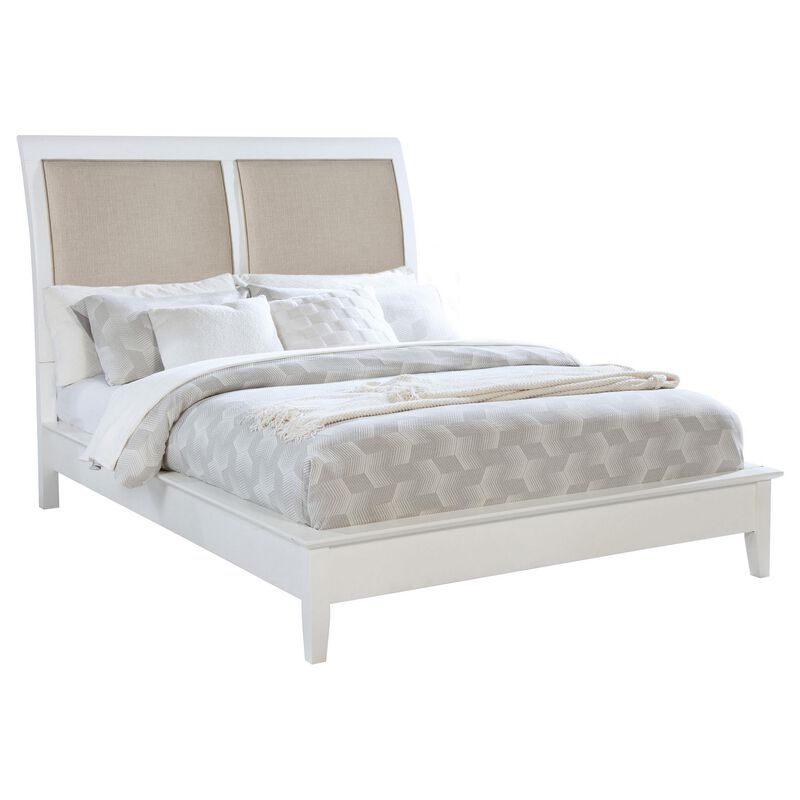 Heo King Size Bed, Sleigh Beige Upholstered Headboard, White Wood - Benzara