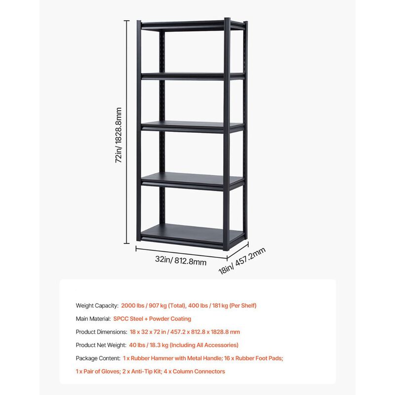 5 Tier Garage Storage Shelf Adjustable Metal Rack for Kitchen Basement image number 2