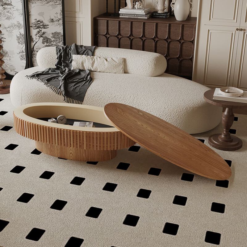 Oval coffee table with storage Solid wood veneer and MDF modern coffee table with fluted base Accent tea coffee table for living room image number 4