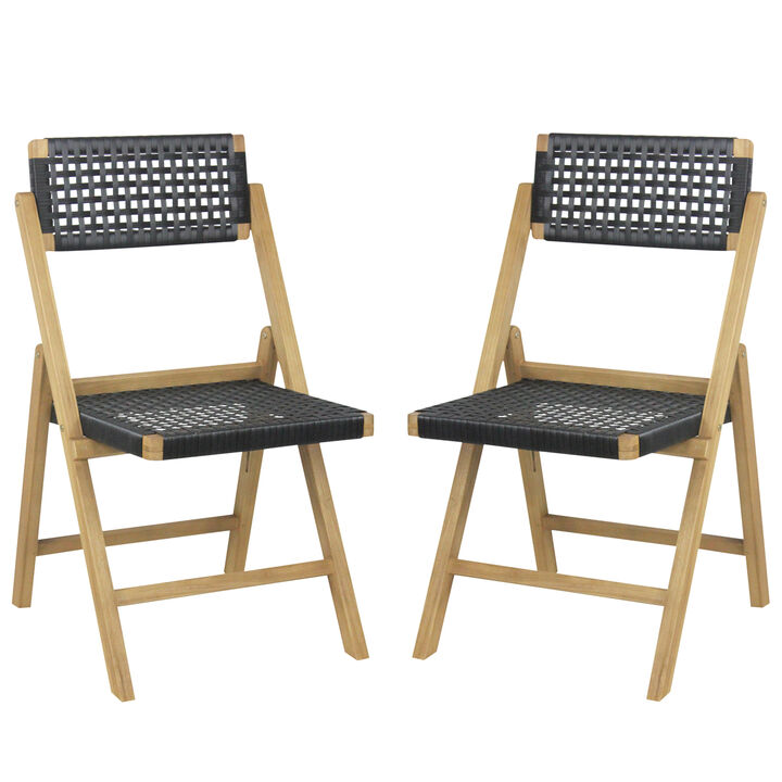 Set of 2 Folding Chairs Teak Wood Dining Chairs with Woven Rope Seat and Back