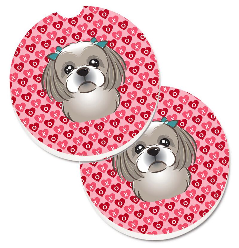 Caroline's Treasures Gray Silver Shih Tzu Hearts Set of 2 Cup Holder Car Coasters, 2.56, Multicolor