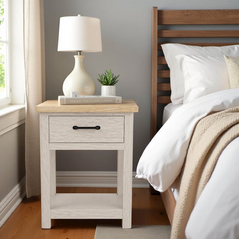 FurniFact Wood Nightstand with Drawer &ndash; Beige End Table Bedroom Accent Storage image number 2