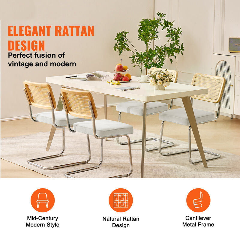 Set of 4 Rattan Dining Chairs Mid Century Modern Velvet Upholstered Accent Chairs