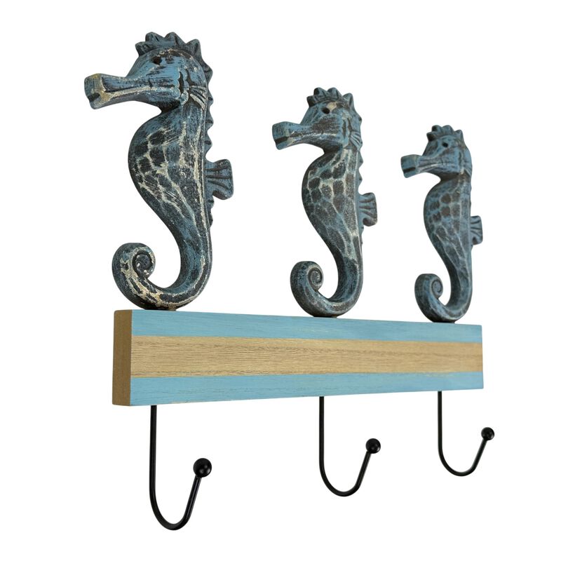 Things2die4 Blue Distressed Seahorse Decorative Wall Hooks Rack, 11 Inch image number 0