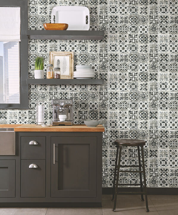 Encaustic Tile Black Peel & Stick Wallpaper
