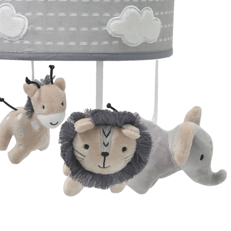 Lambs & Ivy Jungle Safari Musical Baby Crib Mobile - Gray, Beige, White, Animals