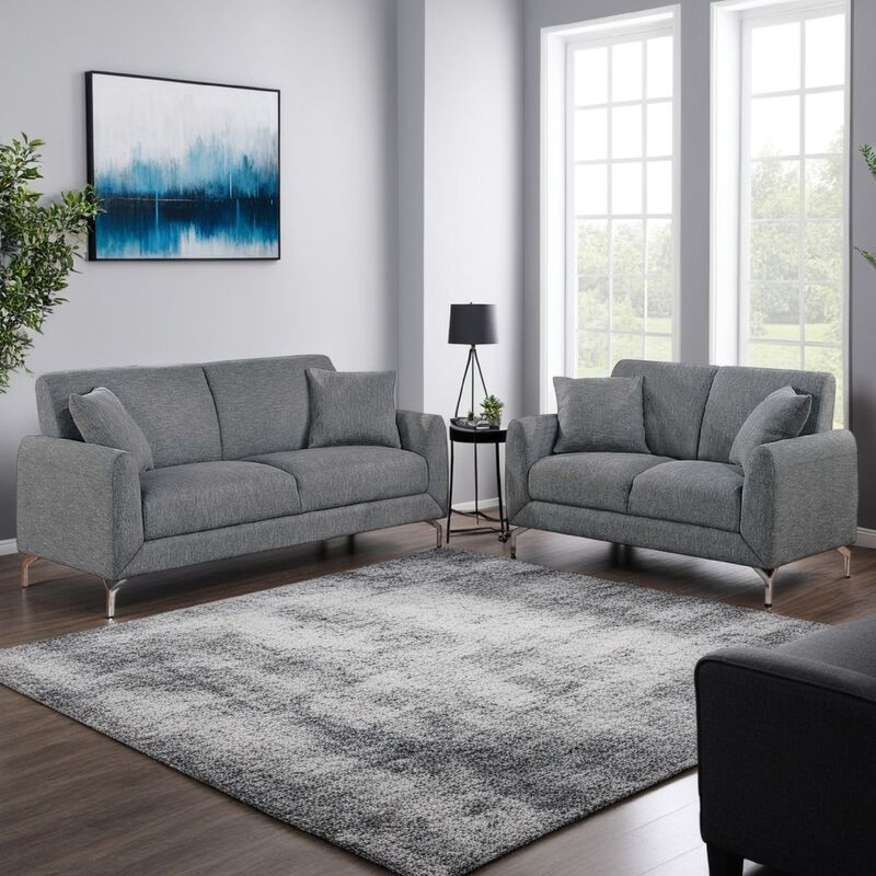 Rena 2pc Sofa and Loveseat Set, 2 Pillows, Dark Gray Burlap Fabric - Benzara