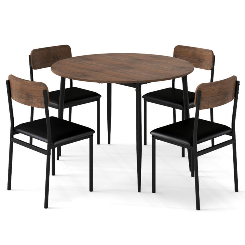 Round Kitchen Dining Table Set 5 Piece with Drop Leaf Table and 4 Upholstered Chairs Brown image number 0