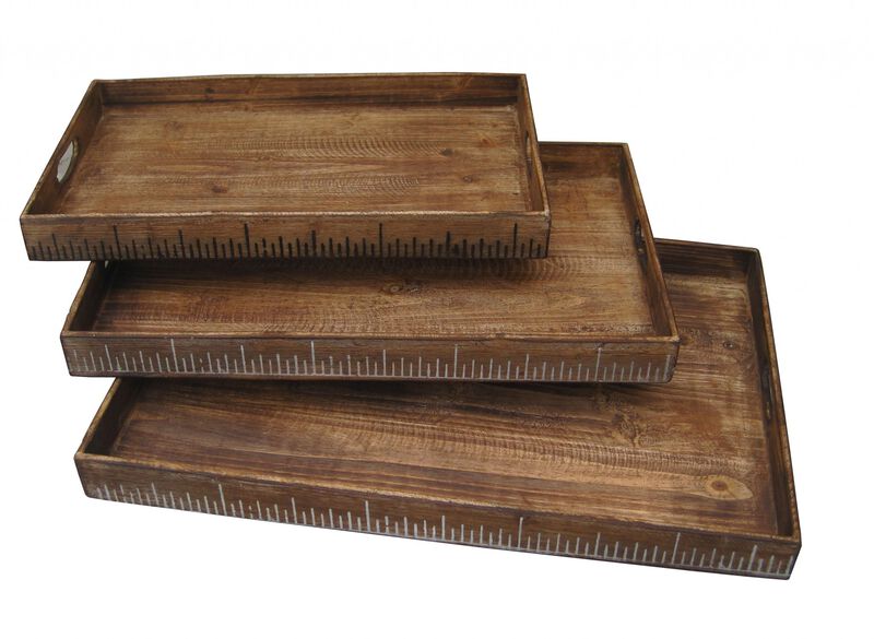 Wooden Serving Tray Set of 3 – Nesting Trays with Handles for Rustic Farmhouse Style Home Décor