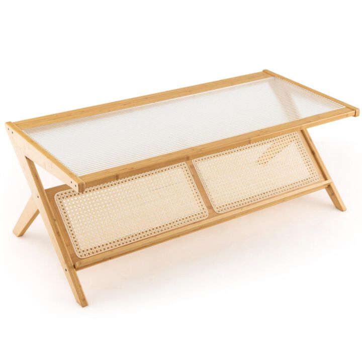 Hivvago Z-Shaped Handwoven Bamboo Coffee Table with Tempered Glass Top-Natural