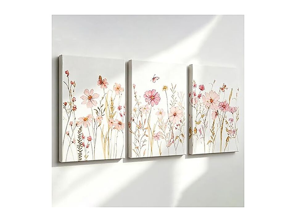 Wildflower Wall Art Set 3 Pink Floral Canvas Gallery Wrapped Aesthetic Decor