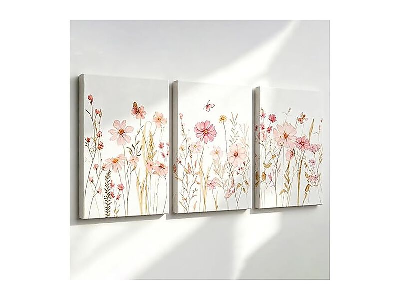 Wildflower Wall Art Set 3 Pink Floral Canvas Gallery Wrapped Aesthetic Decor image number 0