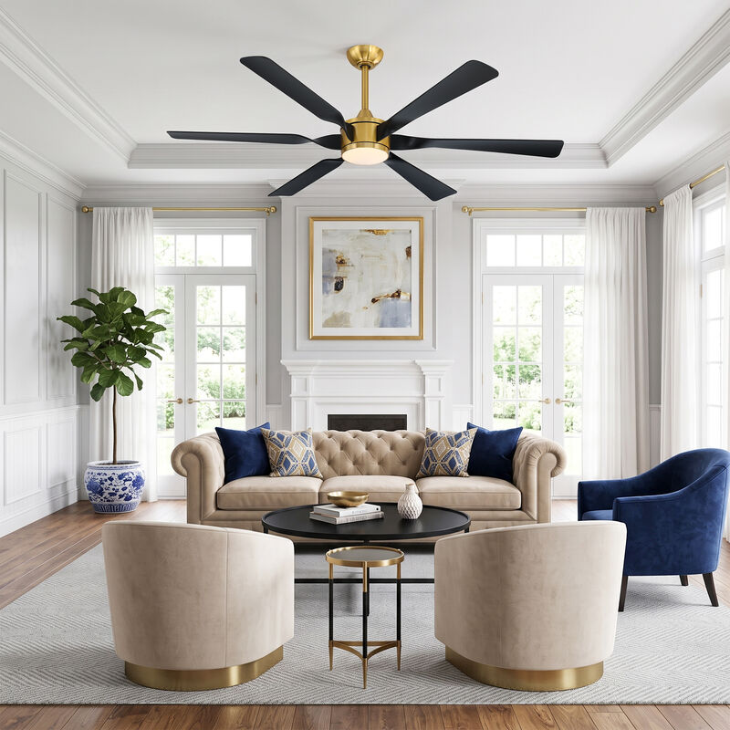 60" Brushed Gold Modern Reversible DC Dimmable Aero 6 Blade Large Ceiling Fan with LED Light and Remote image number 2