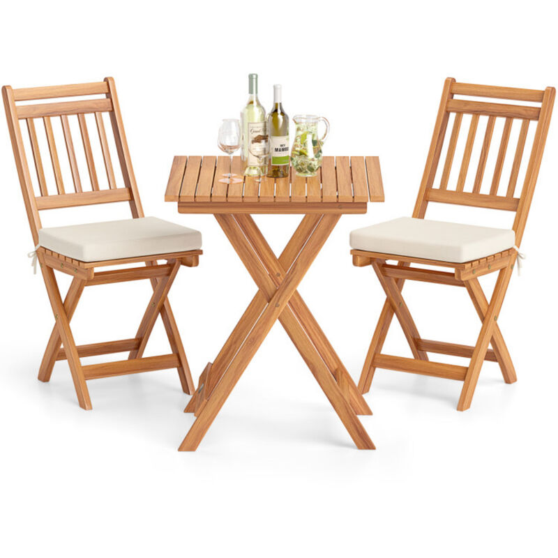 Outdoor Wood Bistro Set with Soft Seat Cushions and Table