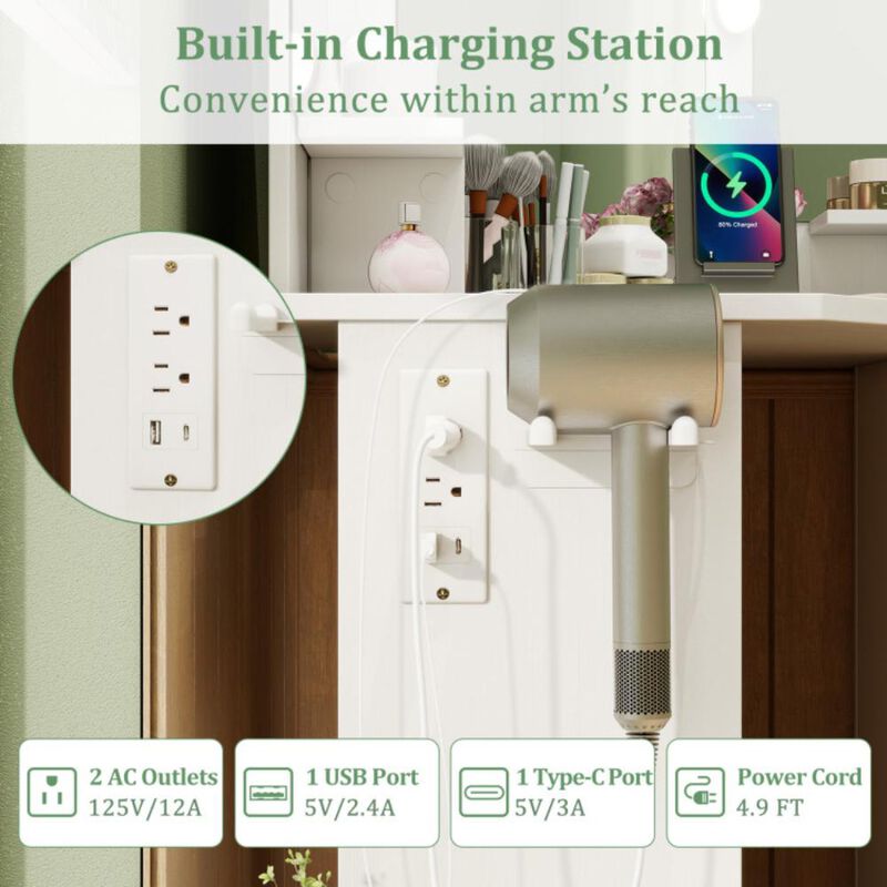 Hivvago Corner Vanity Desk with 3-Color LED Lighted Mirror and Power Outlet