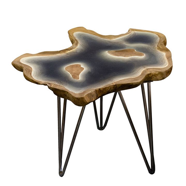 20 Inch Side Accent Table, Natural Edges, Hairpin Legs, Gray Resin, Brown - Benzara