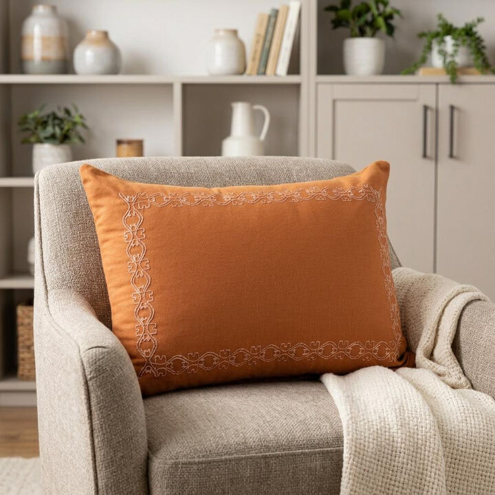 HomeRoots 14" X 20" Orange Geometric Cotton Lumbar Throw Pillow