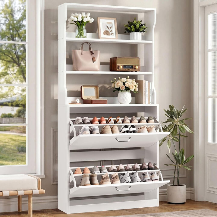 Slim Entryway Shoe Storage Cabinet Flip Drawer White Tall 2