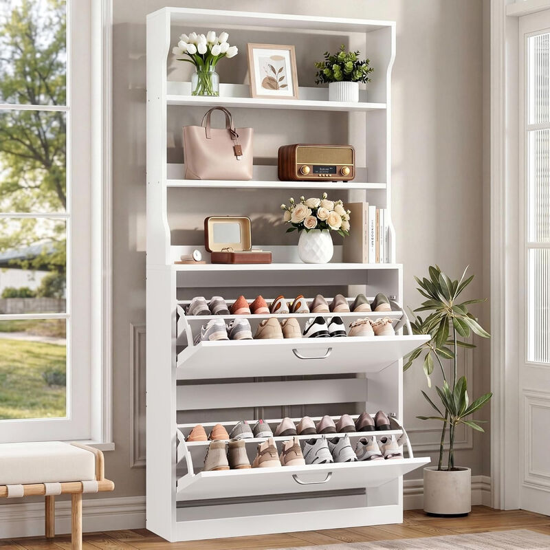 Slim Entryway Shoe Storage Cabinet Flip Drawer White Tall 2 image number 1