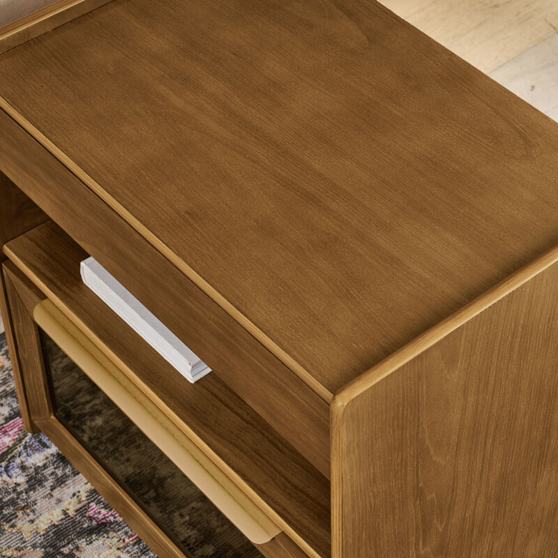 Mid Century Nightstand with Charging Station 2 Drawers Open Shelf image number 4