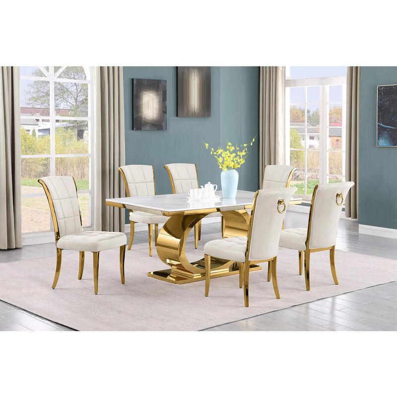 7pc Small(68") marble top dining set with gold base and 6 Cream side chairs image number 1