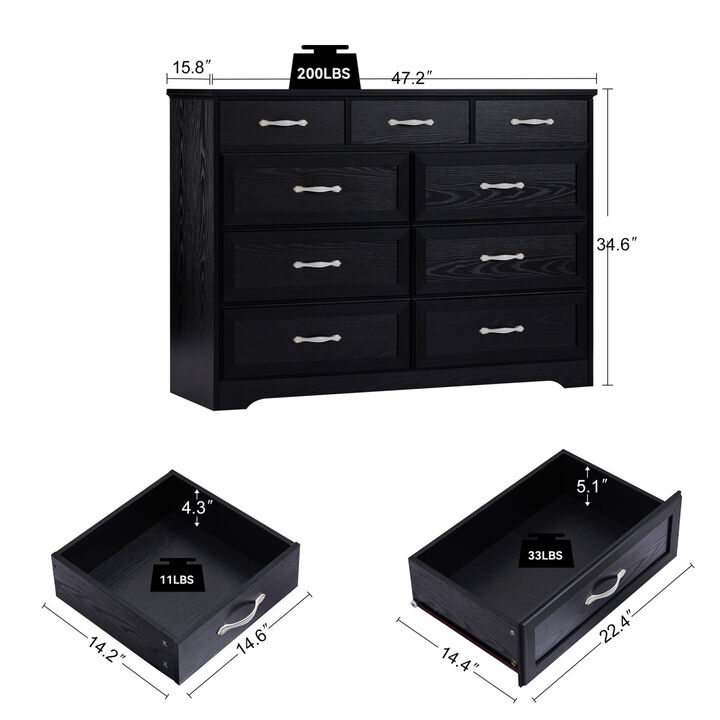 Bedroom dresser, 9 drawer long dresser with antique handles, wood chest of drawers for kids room, living room, entry and hallway, Black, 47.2" W x 15.8" D x 34.6" H.