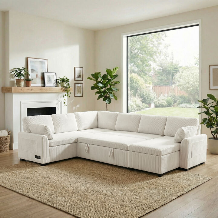 Merax Corduroy Convertible Sectional Sofa Bed | U-Shape / Bed Conversion
