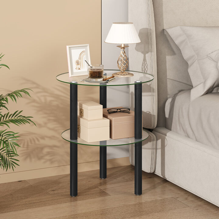 2-Tier Round Side Table with Clear Tempered Glass Top and Storage Shelf for Home Decor