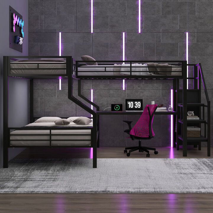 Merax L-Shaped Twin over Full Metal Bunk Bed with Built-in Wardrobe & USB Desk