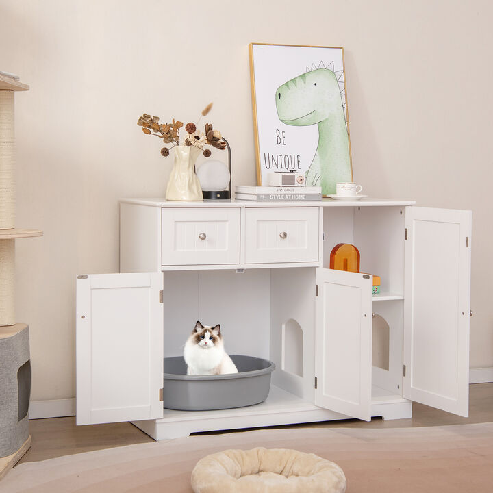 Cat Litter Box Enclosure with Storage &ndash; Double Drawer, Triple Door Setup for Easy Access & Odor Control