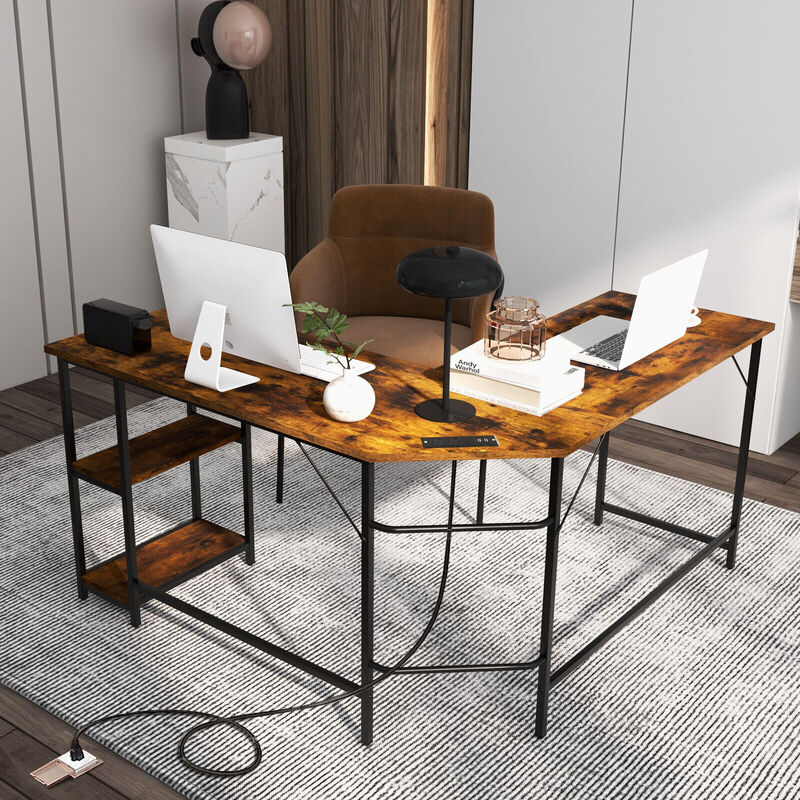 L Shaped Computer Desk with 2 Outlets and 2 USB Ports-Brown