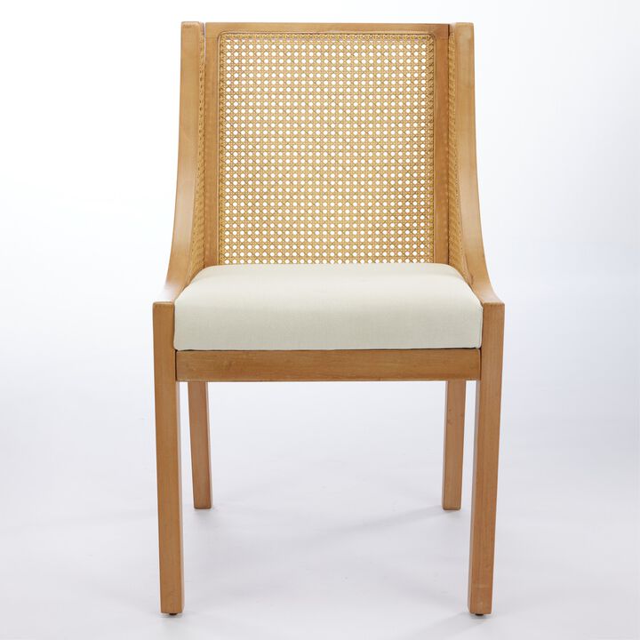 Whisen Rattan Dining Chairs, Solid Rubberwood Frame with Armrest, Linen Upholstered Seat, Set of 2 for Kitchen Living Room