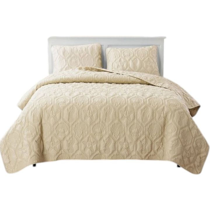Hivvago Coastal Beach Starfish Seashells Sea Horse Sand Tan 3-Piece Quilt Set