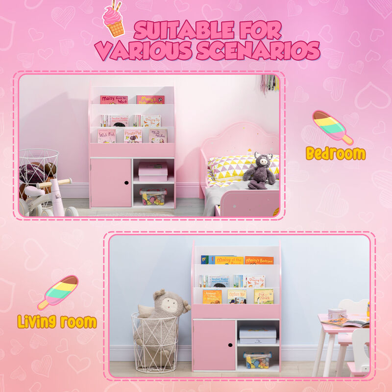 Qaba Toy Storage Organizer with Cabinet, Kids Bookshelf, Pink