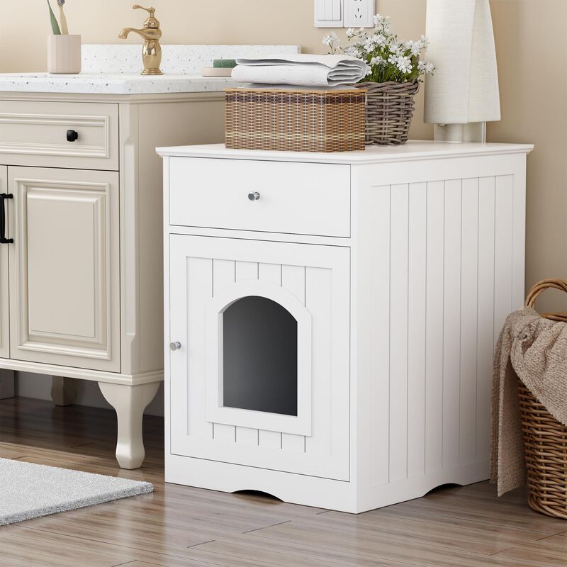 Wooden Cat Litter Box Enclosure with Drawer and Side Table Design