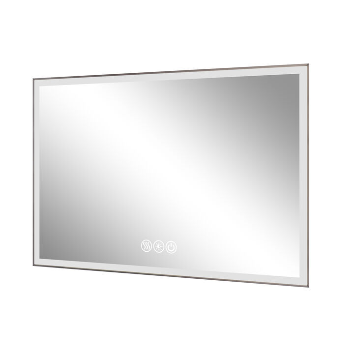 HomeRoots 32" Silver Aluminum Lighted Framed Anti Fog Bathroom Vanity Mirror