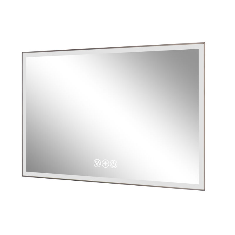 HomeRoots 32" Silver Aluminum Lighted Framed Anti Fog Bathroom Vanity Mirror image number 0