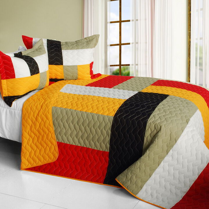 Stable Life 3 Piece Queen Patchwork Quilt Set with Vermicelli Quilting and Soft Fabric-Yellow