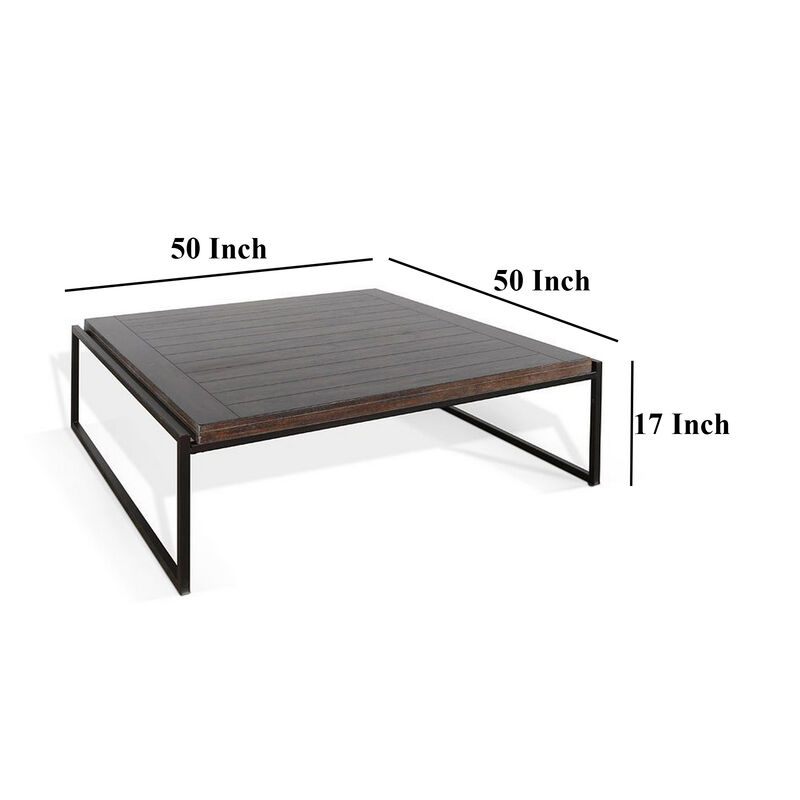 Lery Coffee Table, Dark Brown 50 Inch Square Wood Top, Black Metal