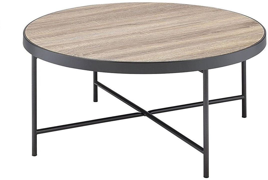 Round Iron Coffee Table with Industrial Design for Living Room