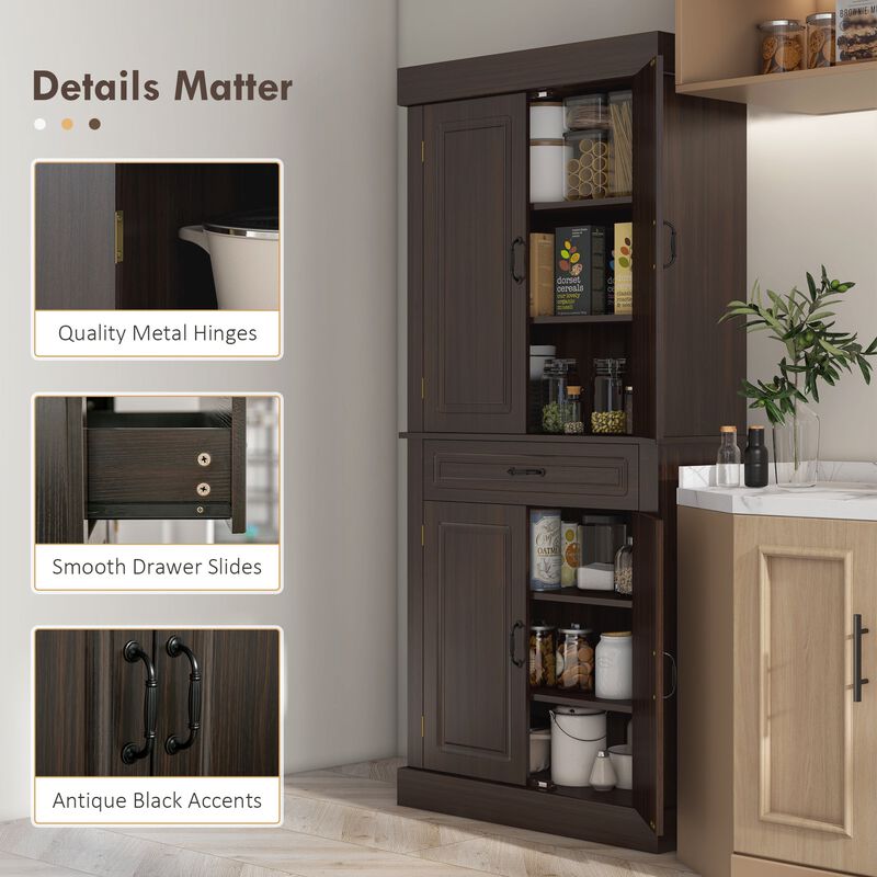 71" Coffee Tall Kitchen Pantry: 4 Doors, 2 Cabinets, Drawer