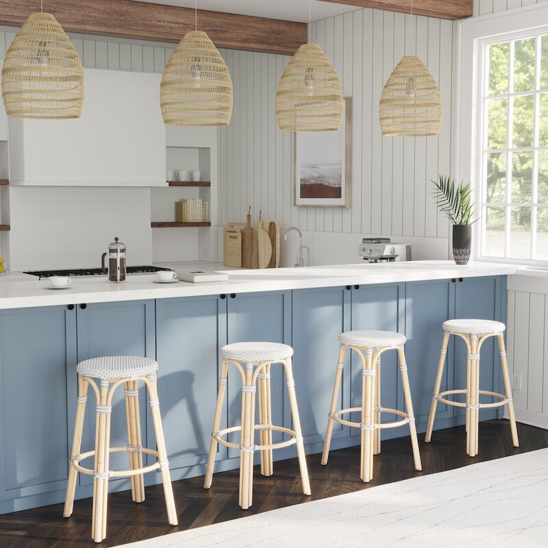 Butler Specialty Tobias Round Rattan 30 Bar Stool, White and Gray Dot