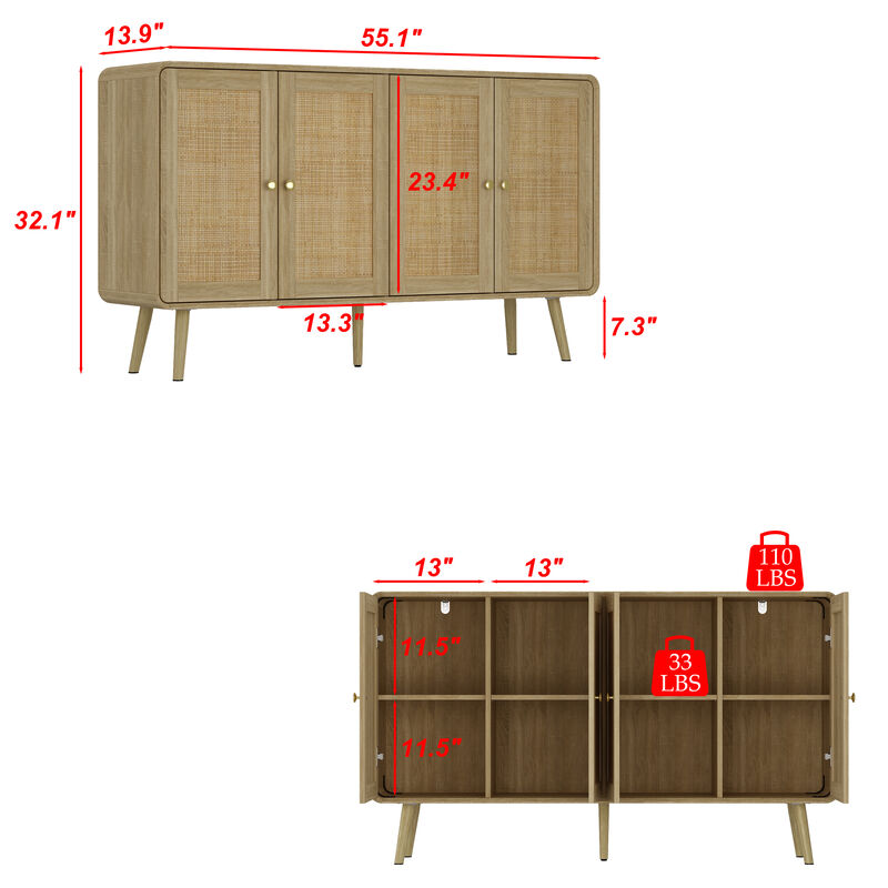 FUFU&GAGA Rattan Sideboard, Modern Buffet Cabinet with 4 Doors, Gold Handles & Solid Wood Legs, Storage Cabinet for Dining Room, Living Room & Entryway (55.1" W x 32.1" H x 13.9" D), Natural Wood