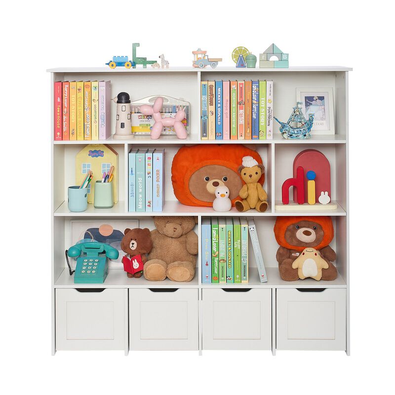 Wooden Kids White Toy Storage Organizer with Bookshelf and 4 Mobile Drawers image number 3