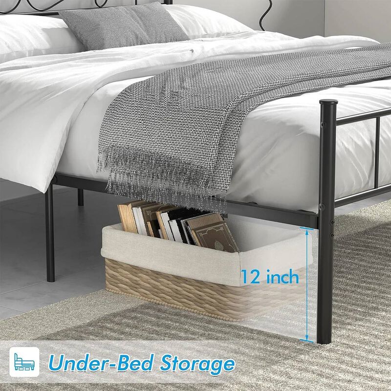 Classic Metal Platform Bed with Integrated Headboard and Footboard